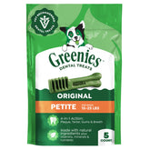 Greenies emballage petite taille montrant le lot de 5 friandises dentaires, prêt pour l'hygiène bucco-dentaire.