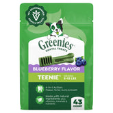 Greenies friandise dentaire emballage bleu, pratique pour l'hygiène buccale des petits chiens.