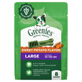 Greenies Large, croquettes dentaires patate douce, emballage visible, haleine plus fraîche possible.