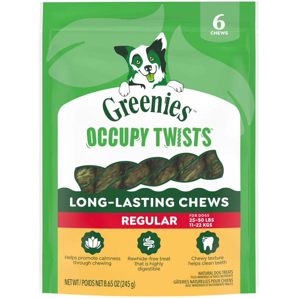 Paquet Greenies Occupy Twists montrant le lot de six friandises naturelles pour chien