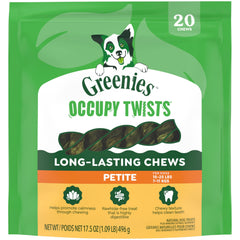 Greenies Occupy Twists Petite friandises poulet, texture croquante pour mâcher durablement.