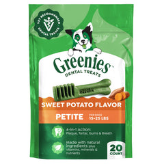 Greenies Petite, os dentaire patate douce pour chien, goût apprécié et nettoyage.