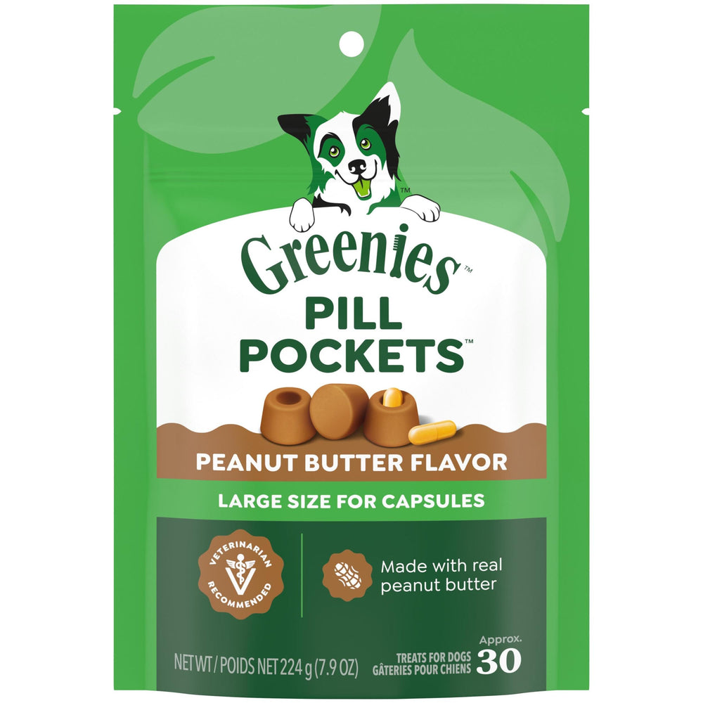 Pochette Greenies grande taille ouverte montrant une pilule prête à être insérée.