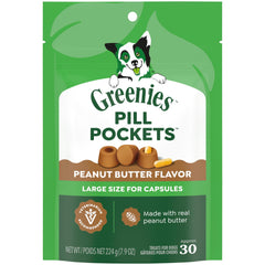 Pochette Greenies grande taille ouverte montrant une pilule prête à être insérée.