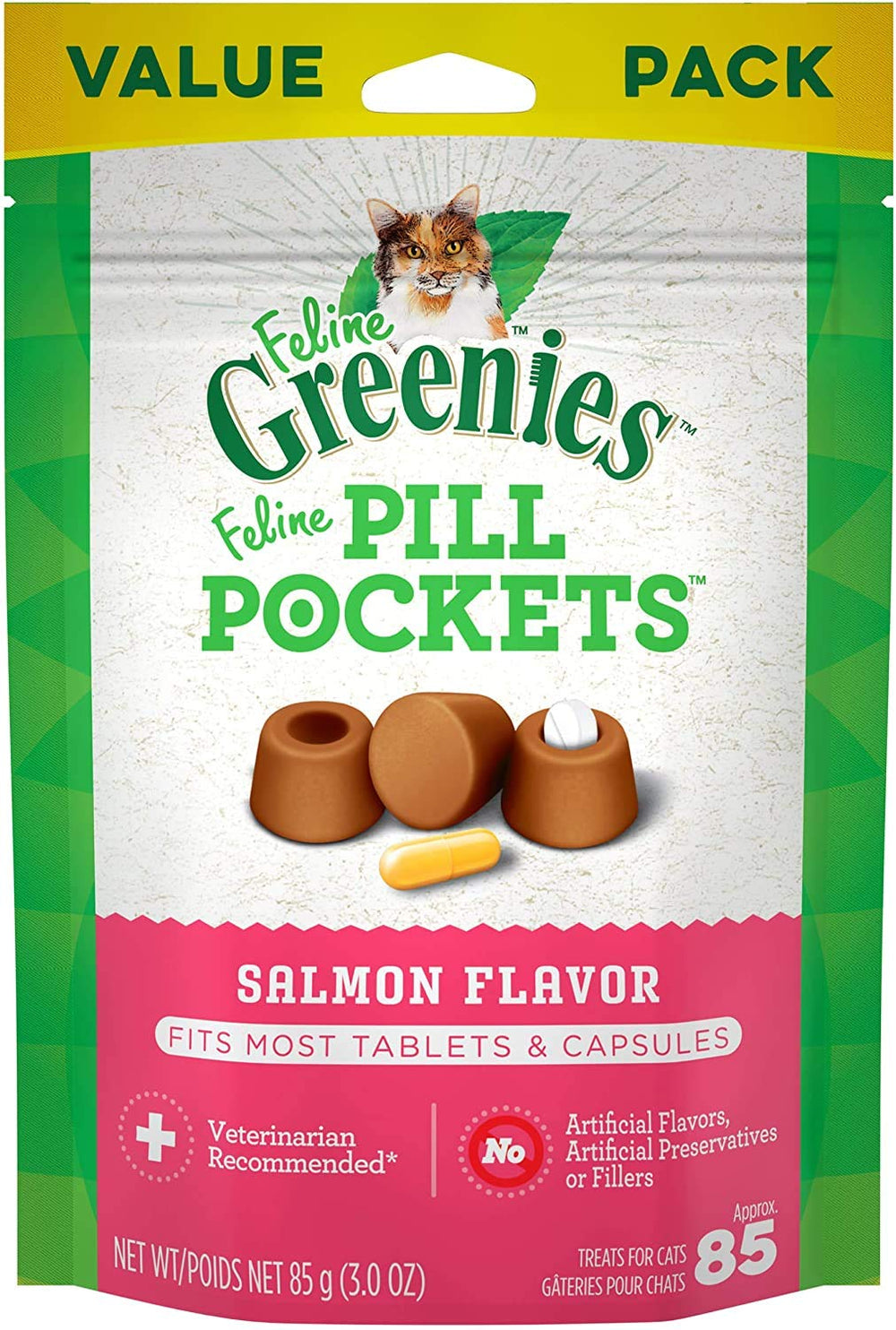 Friandise Greenies avec pochette pilule pour chat au goût saumon, masque le goût du médicament.