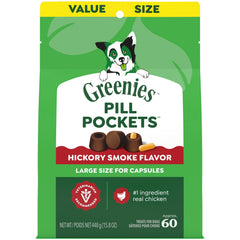 Greenies pochette pilules chien grande taille, saveur fumée de Hickory, facilite ingestion.