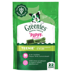 Greenies Puppy Teenie emballage, friandises dentaires faciles à intégrer au quotidien.