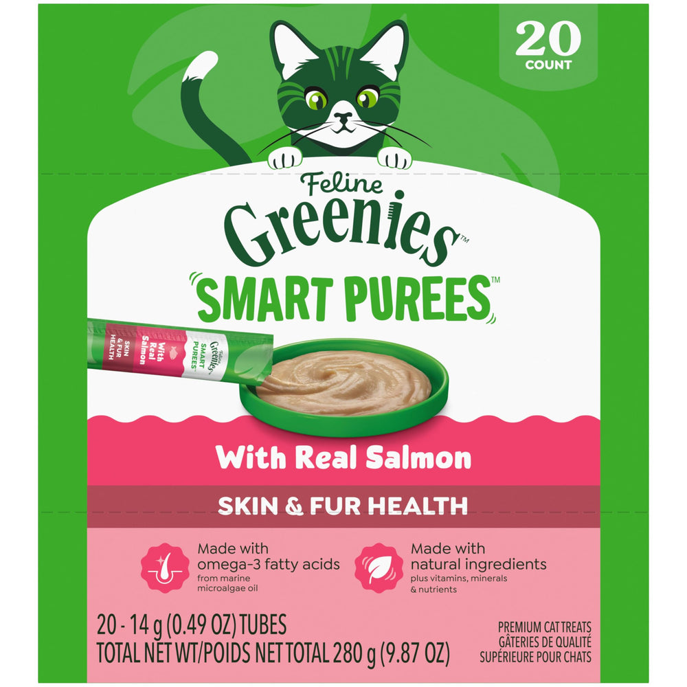 Greenies purées féline saumon en tube, texture onctueuse.