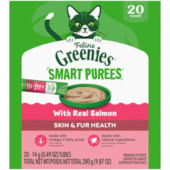 Greenies purées féline saumon en tube, texture onctueuse.