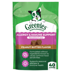 Greenies Sensitive Care emballage avant, repère rapide du complément pour chien sensible