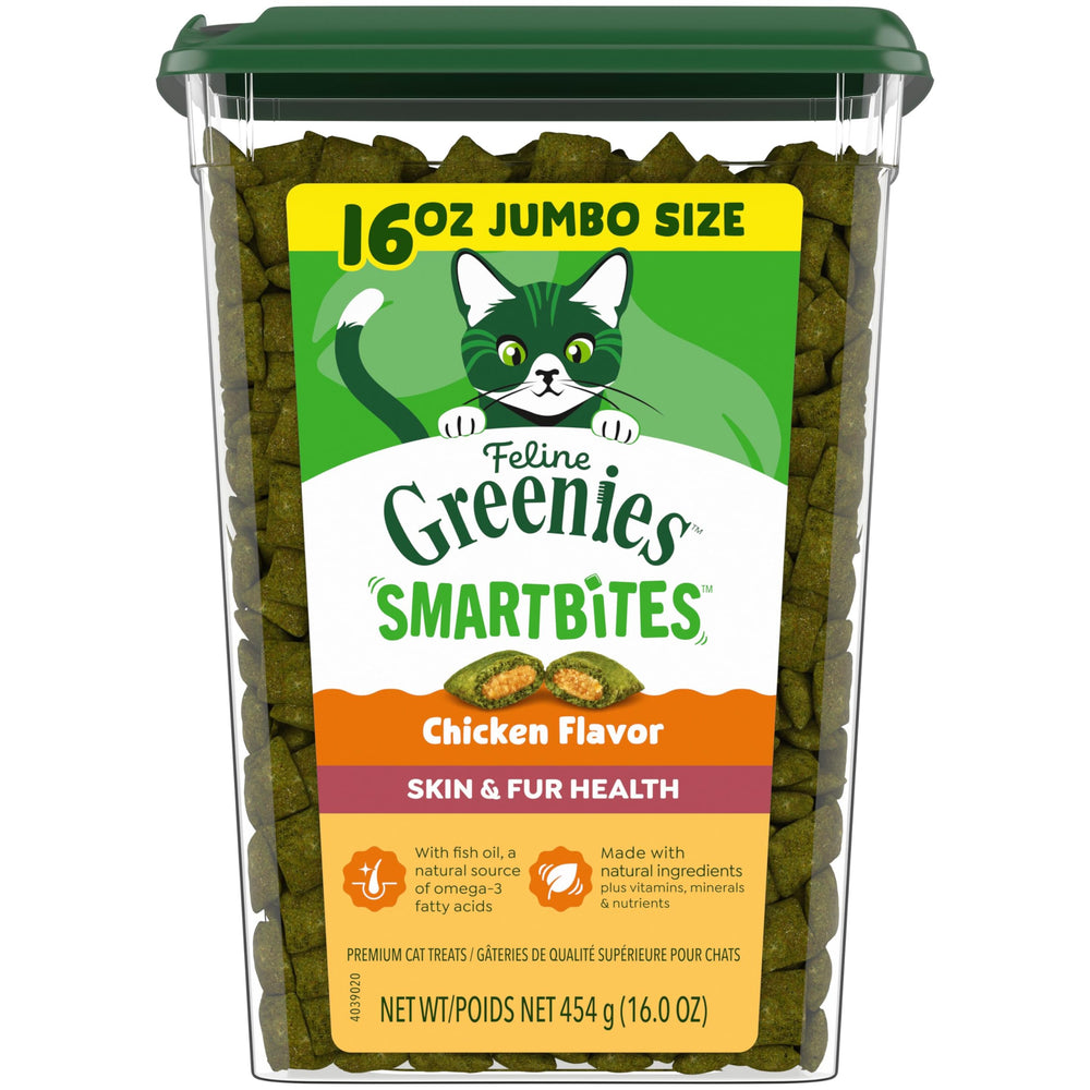 Greenies Smartbites Skin & Fur dans le tub 450 g, snack équilibré pour pelage sain.