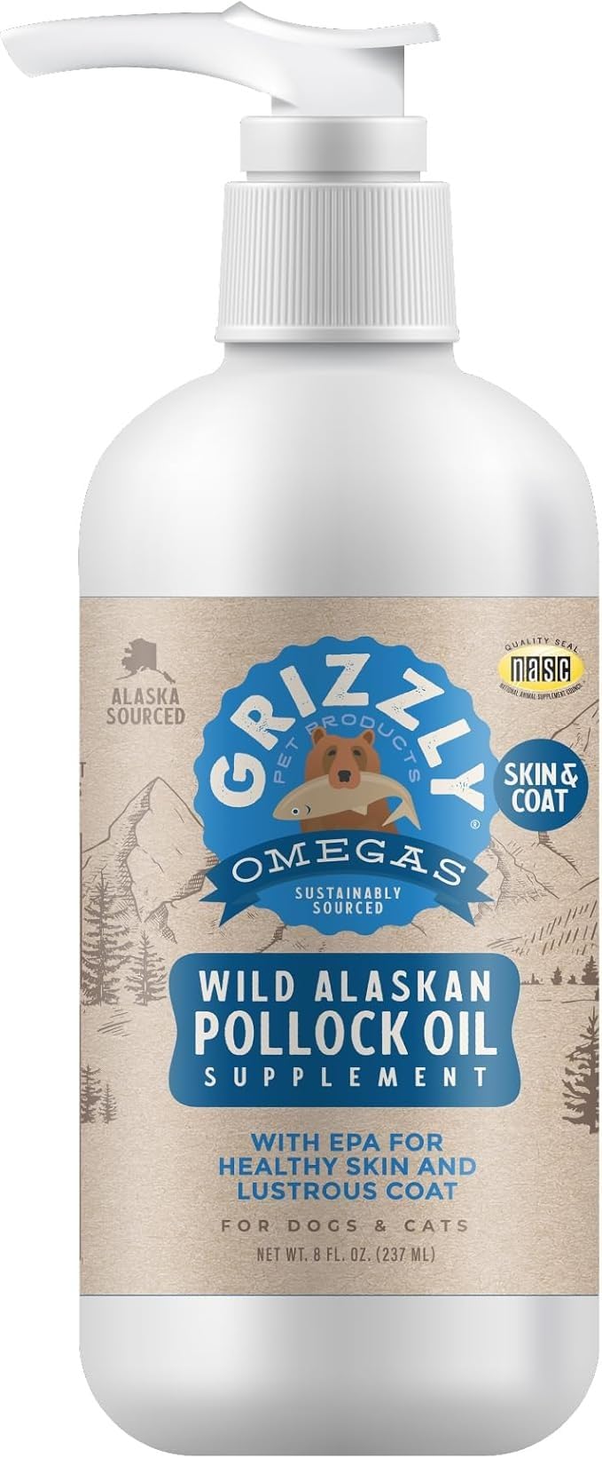 Grizzly Pollock Oil bouteille avec pompe, soutien peau et pelage.