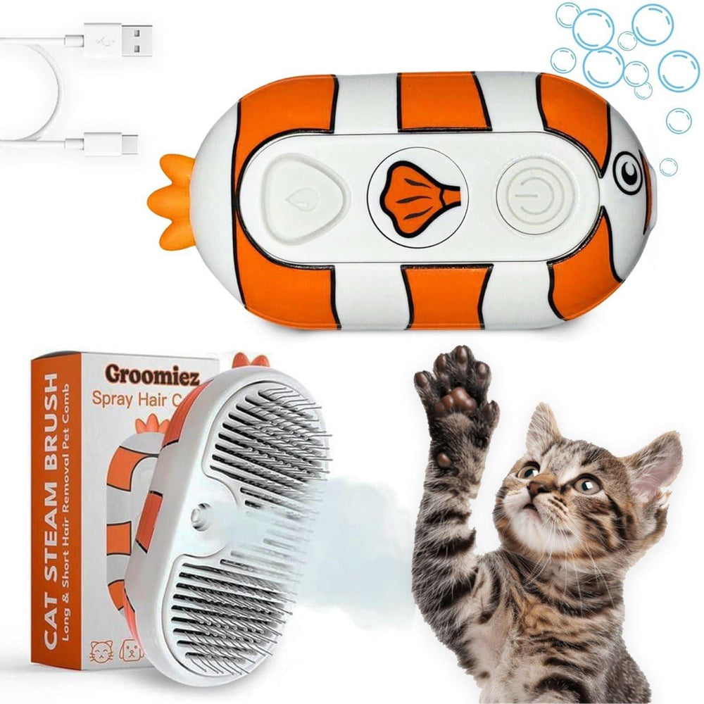 Brosse Groomiez pour chat à vapeur démontrant le démêlage en douceur et le pelage propre