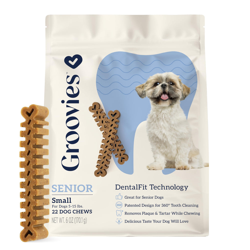 Groovies Senior bouchées-dentaires pour petits chiens – soutien potentiel à l'hygiène bucco-dentaire.