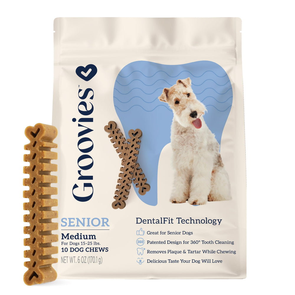 Groovies Senior friandises dentaires pour chien, paquet de 10, soutien à l'hygiène bucco-dentaire.