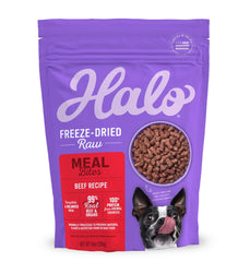 Halo bouchées boeuf lyophilisées pour chien, texture croquante et énergie naturelle.