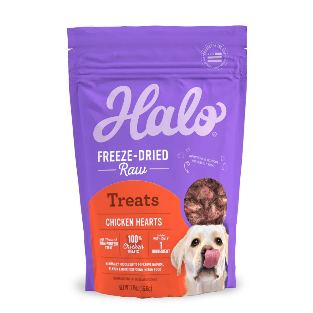 Halo coeurs poulet lyophilisés: friandise protéinée pour chiens.