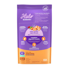 Halo Holistic poulet, ingrédients visibles sans céréales sur l'étiquette.