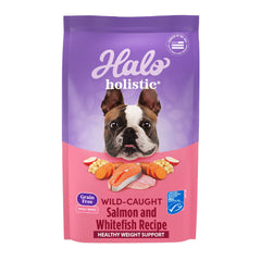 Halo Holistic saumon sauvage croquettes — protéines élevées pour petit chien.
