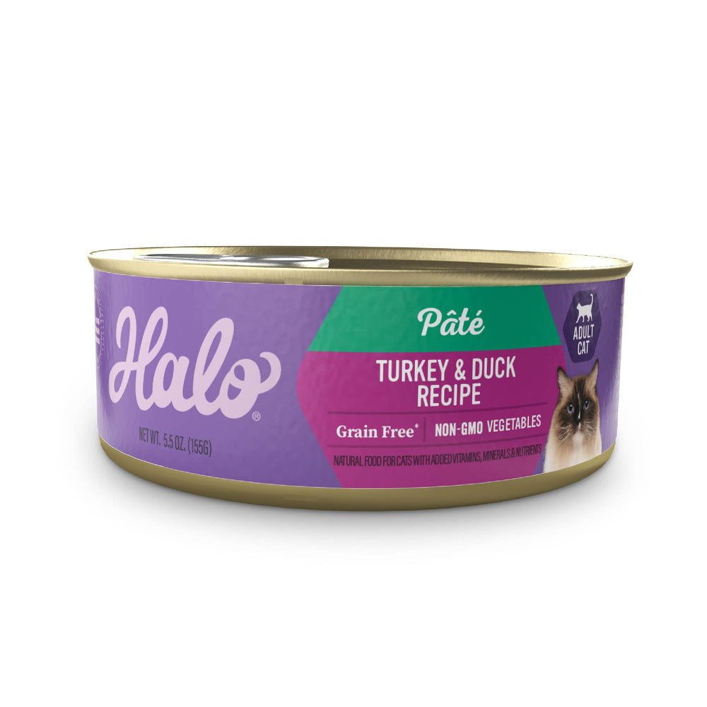 Halo Pâté Chat Dinde et Canard en boîte, texture lisse et appétit naturel.