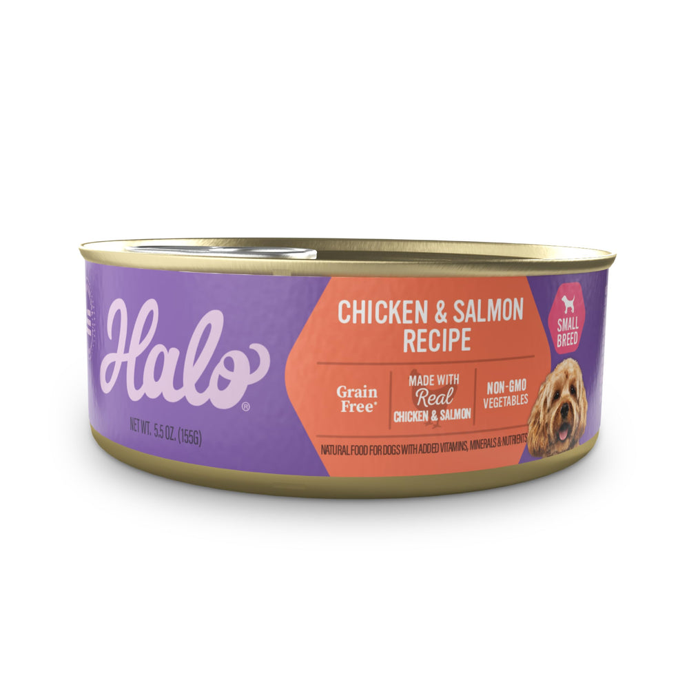 Halo Petite Race alimentation humide chien, boîte 5,5 oz, texture pratique pour petits chiens.