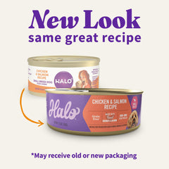 Halo recette poulet-saumon, ingrédients naturels, goût savoureux, adapté aux chiens de petite taille.