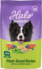 Halo propose un sac d’aliments vegan à base de plantes pour chien adulte, nutrition équilibrée.