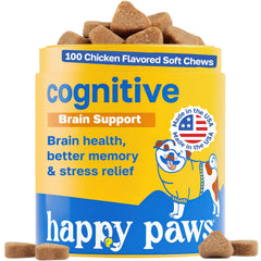 Happy Paws bocal de supplément cognitif pour chiens, soutien quotidien.