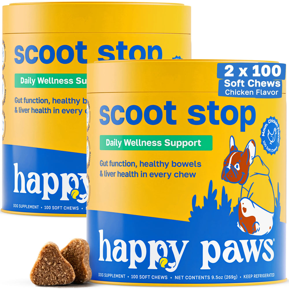 Happy Paws Scoot Stop emballage prêt à l'emploi pour chien, pratique en déplacement.