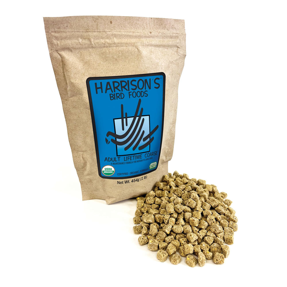 Harrison's Bird Foods Adult Lifetime Coarse, emballage du produit, alimentation biologique pratique.