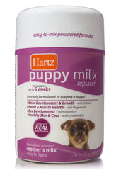 Lait en poudre Hartz pour chiots sur emballage, prêt à mélanger.