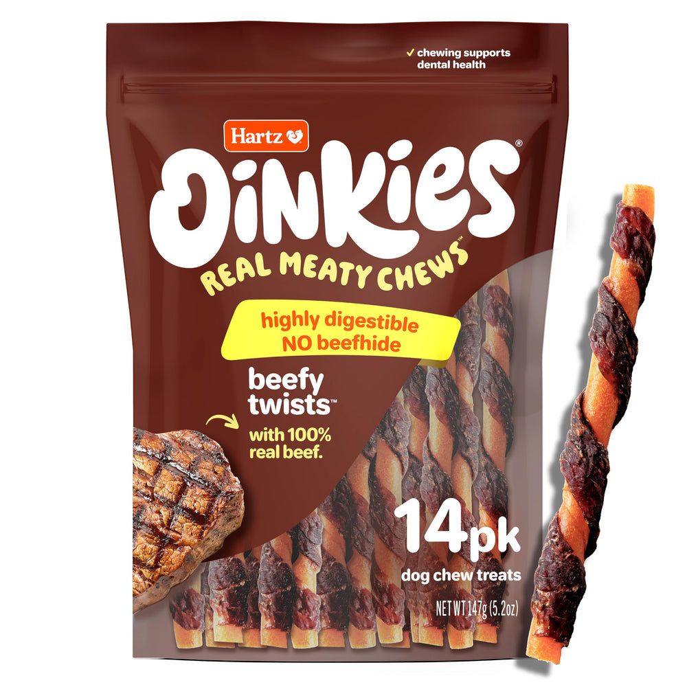 Hartz Oinkies Beefy Twists emballage attrayant pour rangement pratique.