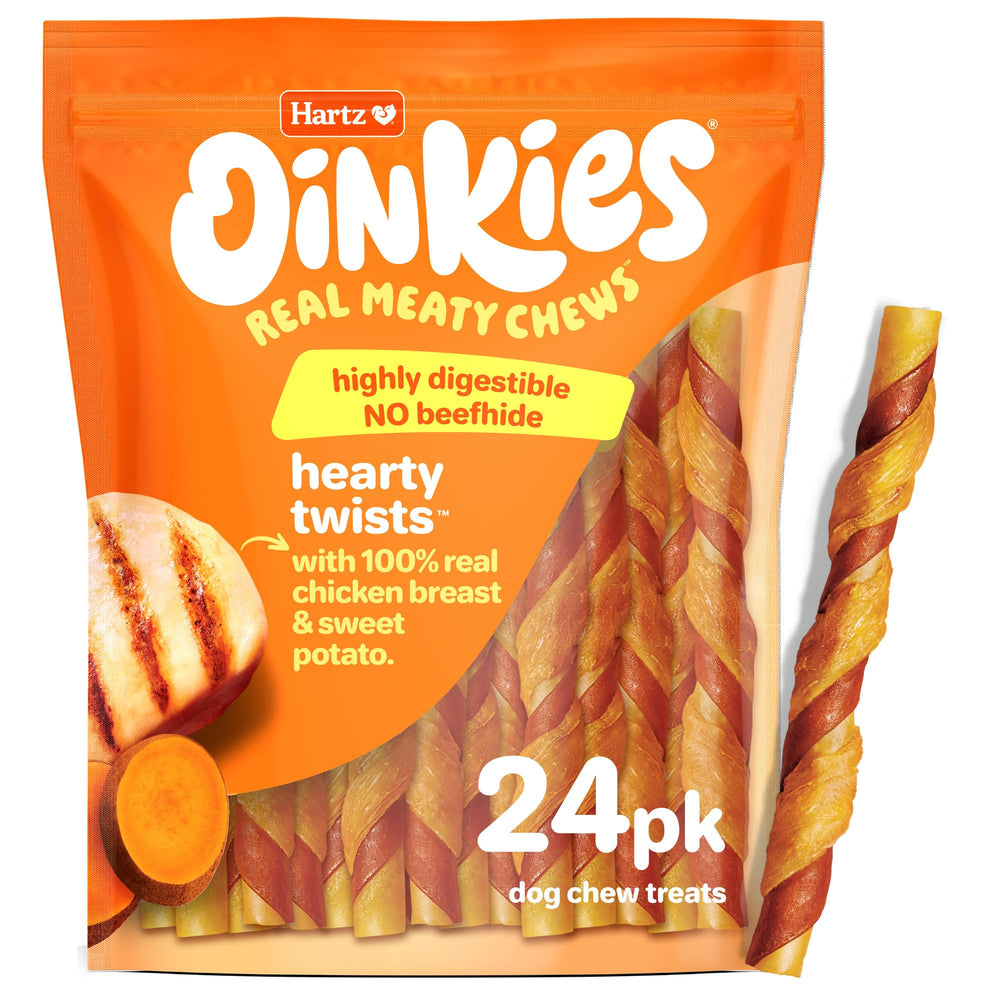 Hartz Oinkies Hearty Twists emballage prêt à l’emploi, friandise savoureuse pour chien.