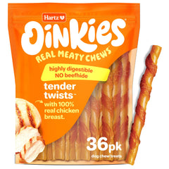 Friandises Hartz Oinkies Tender Twists dans l'emballage, pratique pour sorties.