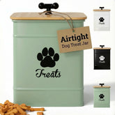 HB Design Co Contenant friandises chien en fer hermétique sur comptoir préserve fraîcheur.