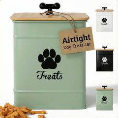 HB Design Co Contenant friandises chien en fer hermétique sur comptoir préserve fraîcheur.