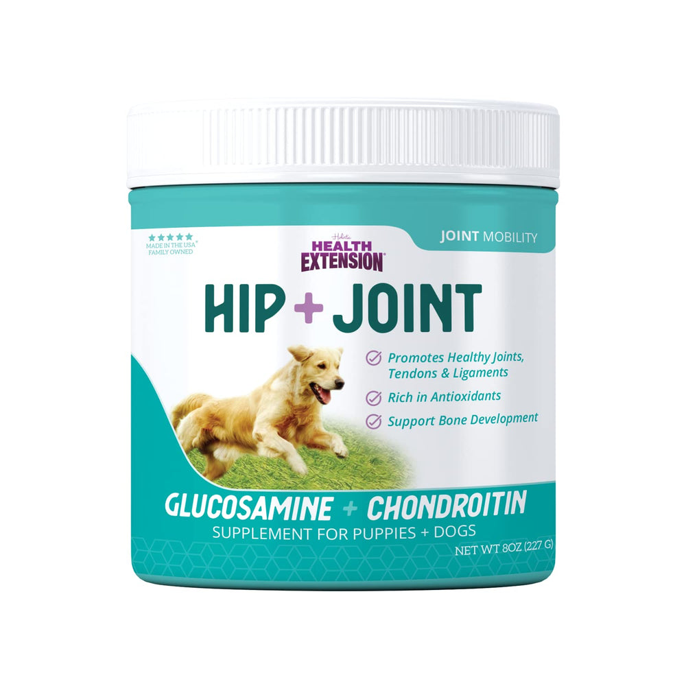 Health Extension, poudre saveur fromage en bouteille pour articulations du chien.