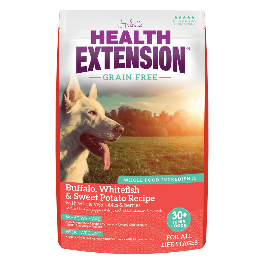 Health Extension croquettes buffalo et whitefish – sac 4 lb, soutien musculaire et énergie durable.
