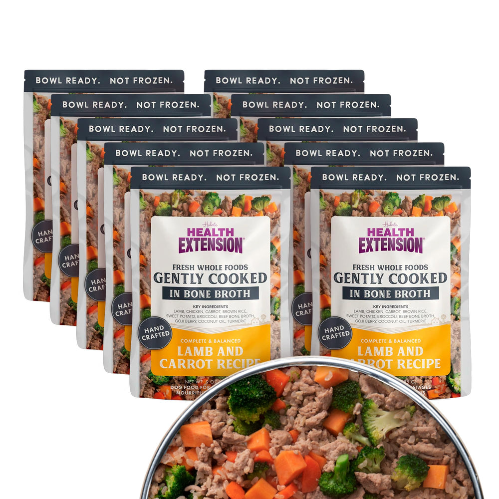 Health Extension emballage montrant agneau et carotte, repas pratique prêt à servir.