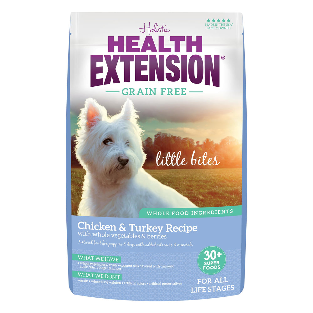Health Extension bouchées petites poulet-dinde, idéales pour chiens miniatures, énergie soutenue.