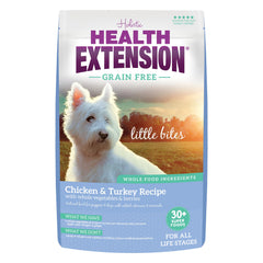 Health Extension sans céréales, petites bouchées poulet et dinde, faciles à mâcher pour petits chiens.