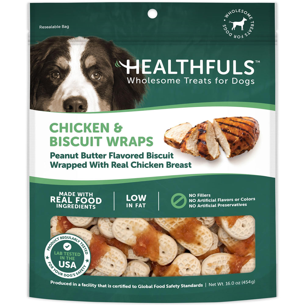 Healthfuls biscuits chien poulet cacahuete 16oz, biscuit croustillant idéal pour récompense quotidienne.