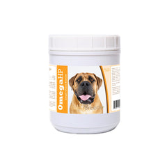 Healthy Breeds Boerboel Omega HP, bouchées molles en bouteille, pelage sain et brillant.