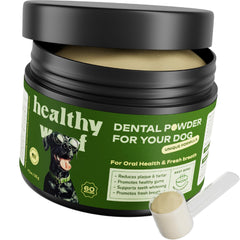 Healthy Woof poudre dentaire pour chien dans une bouteille, usage pratique et dosage facile.