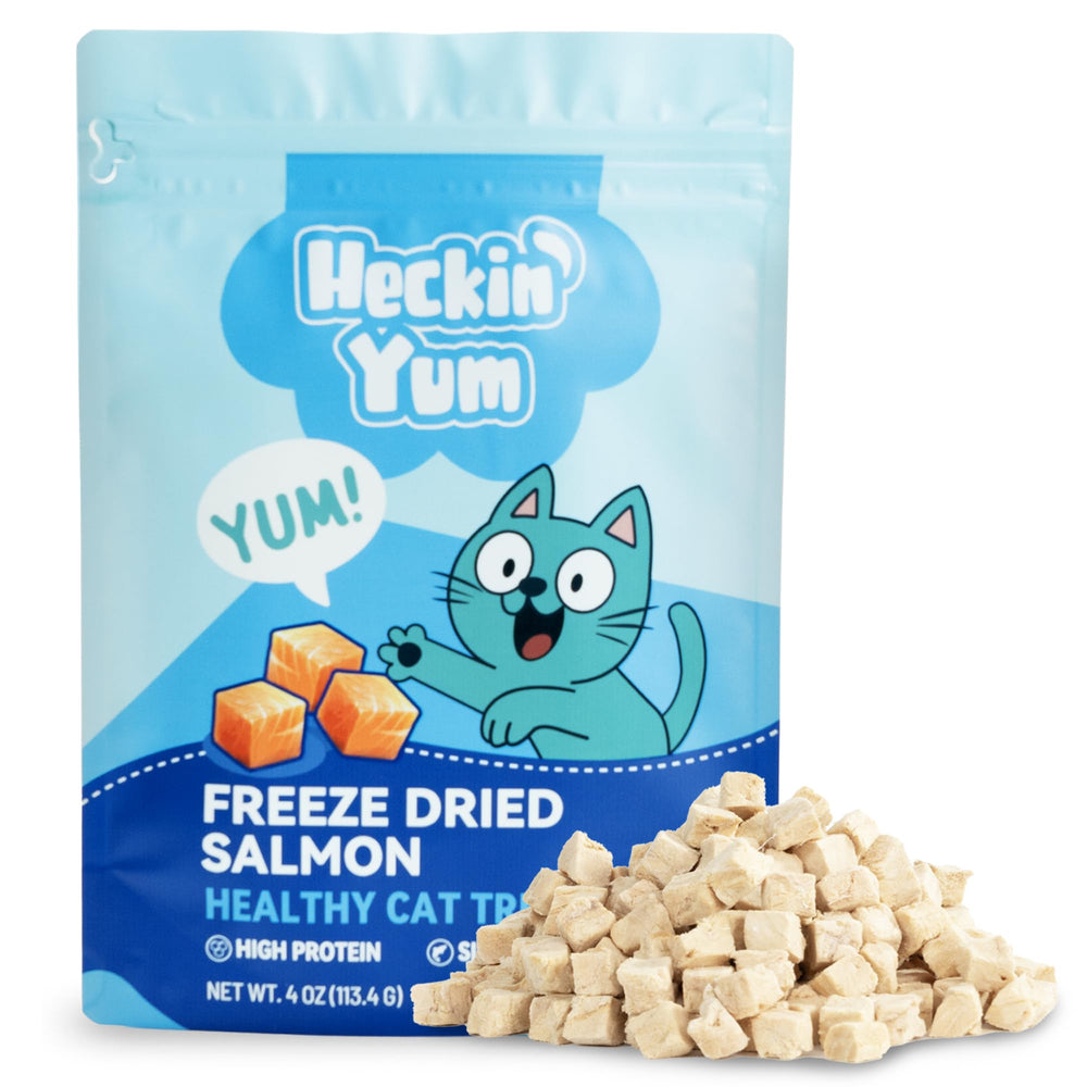 Friandises Heckin Yum saumon séché emballage élégant prêt à récompenser votre chat.