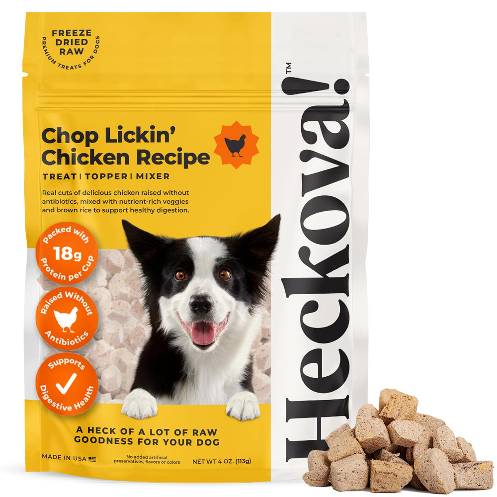 Emballage Heckova! Chop Lickin’ Chicken — friandises protéinées pour chiens actifs.