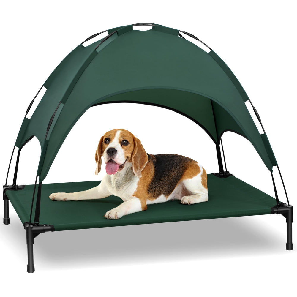 Lit-chien surélevé Heeyoo avec canopée, ombre et fraîcheur pour journées chaudes.