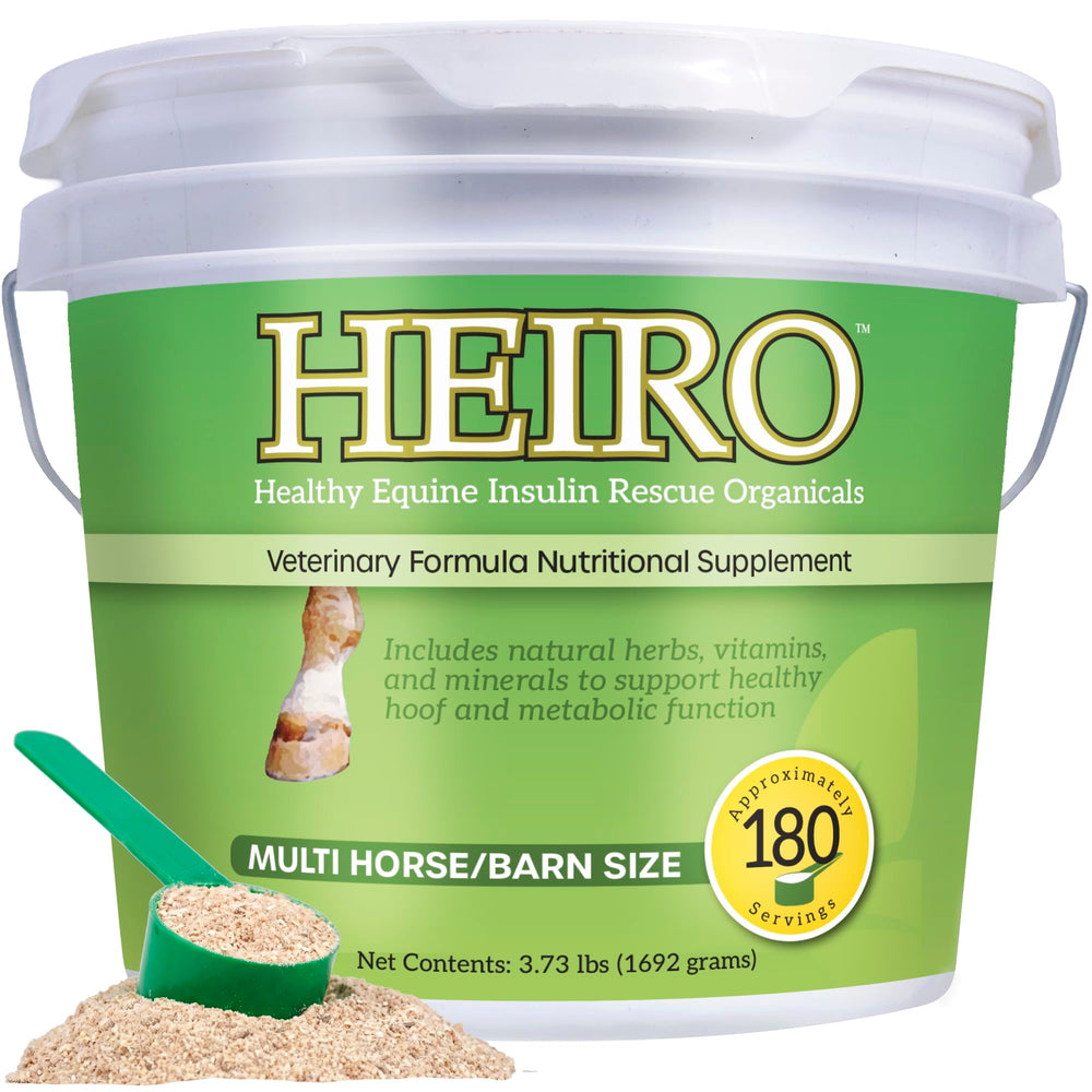 Heiro Insulin Rescue en bouteille pour chevaux, soutien métabolique potentiel.