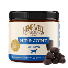 Hemp Well bouchées molles pour hanches et articulations, soutien potentiel mobilité canine.