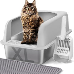 Bac à litière Henkelion en inox avec couvercle, grande capacité pour grands chats.